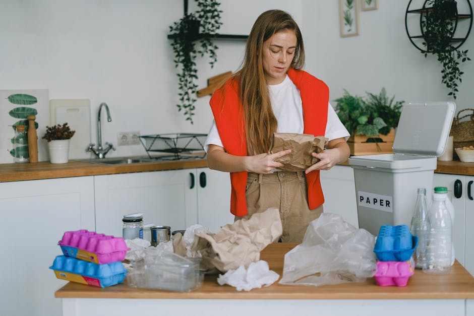 A young woman with long brown hair, dressed in a white t-shirt and khaki trousers, is standing in a modern kitchen, holding a crumpled brown paper bag. She has a neutral, focused expression as she looks down at the bag. The kitchen features white cabinets with black handles, a wooden countertop, and various potted plants and framed pictures on the wall, creating a clean and contemporary environment. On the countertop, there are several items related to waste separation, including crumpled paper, plastic bottles, and colorful foam egg cartons arranged on the table in front of her. To her right, a white recycling bin with a label marked 'PAPER' and an open lid can be seen, indicating it is used for sorting household recyclables, possibly for an independent collection or private waste disposal service. The scene is well-lit with natural light, emphasizing the organized setup of domestic waste separation for environmentally conscious rubbish handling in a typical home setting.